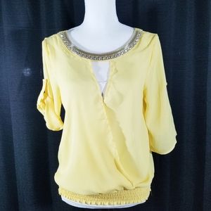 Angela Fashion yellow jeweled collar top. Size S